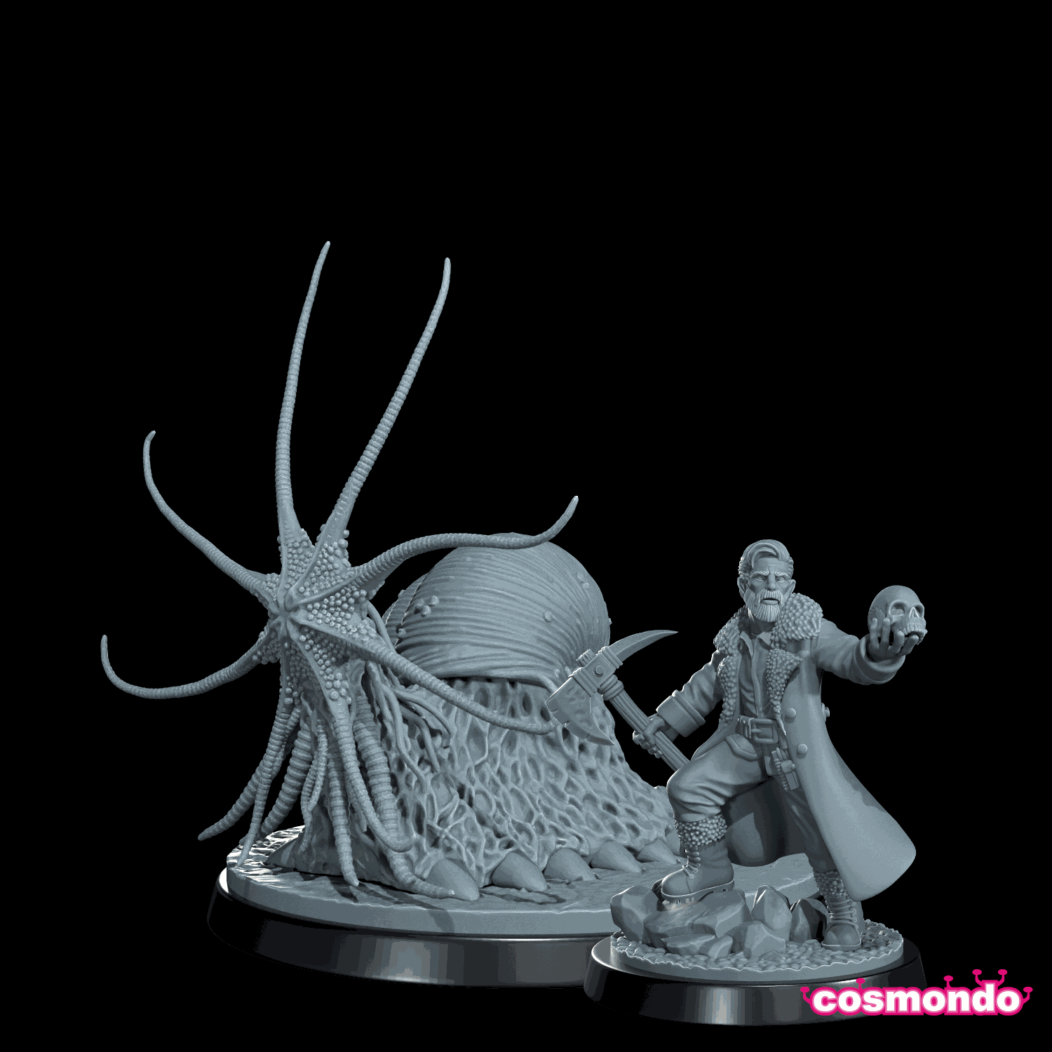 32mmNokoloth resin miniature of a cosmic horror monster with tentacles and an anthropologist holding a skull for scale