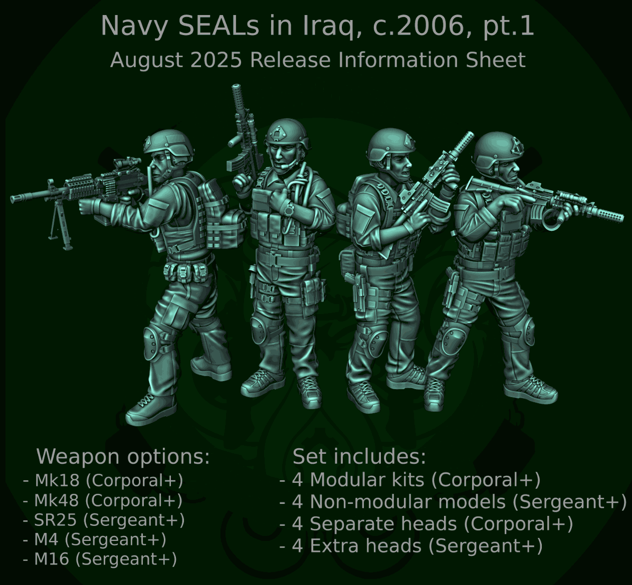 28mm Modern Navy SEALs resin miniatures set with four unpainted figures and multiple weapon options from Iraq, c2006.