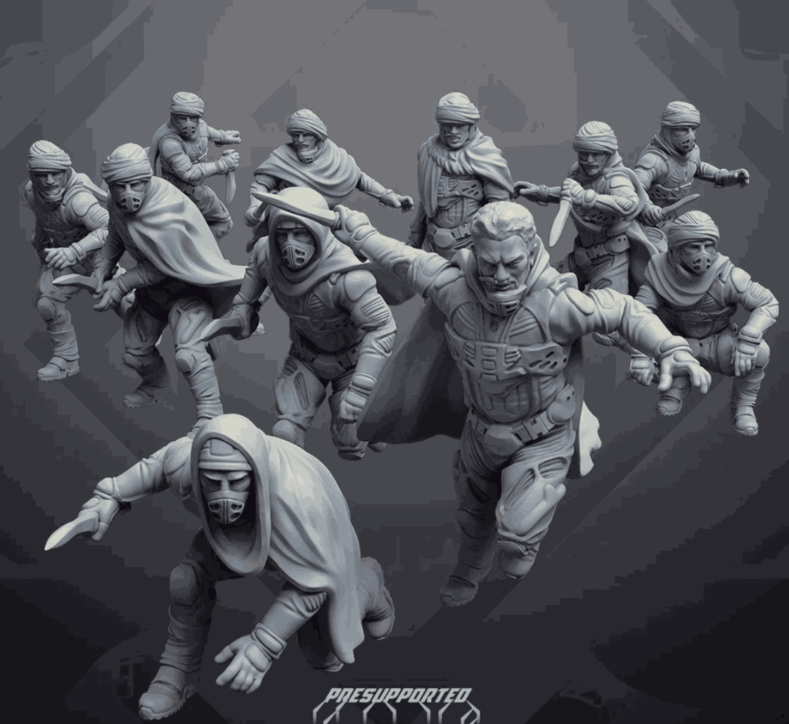 Set of 11 unpainted 32mm Oasis Nomads resin miniatures with detailed poses and accessories.