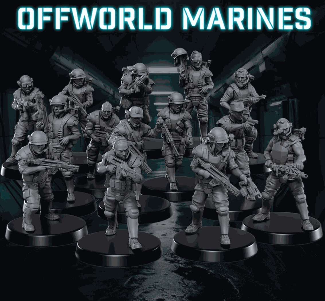 32mm OffWorld Marines set of 14 unpainted resin miniatures with detailed sci-fi soldier designs on round bases
