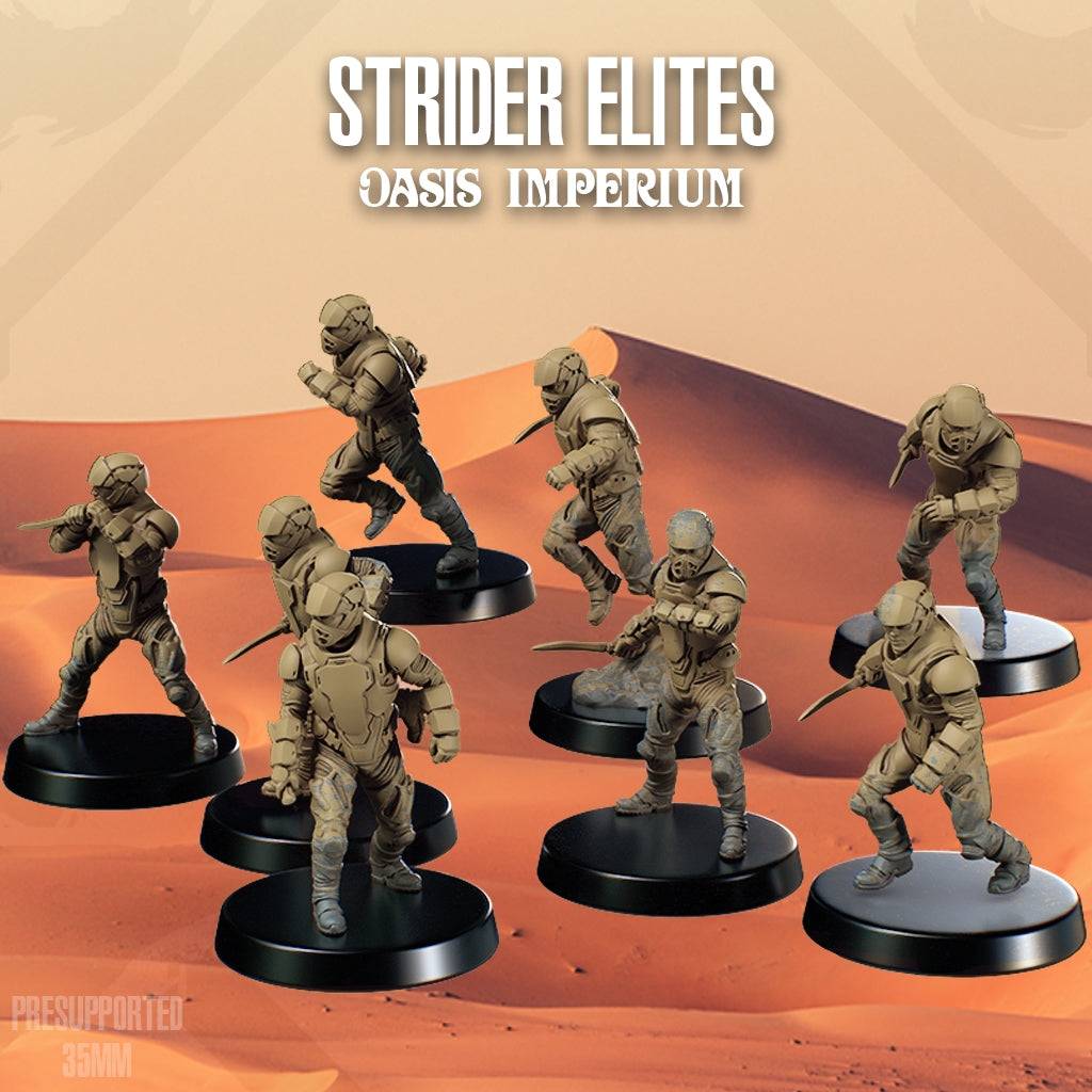 Set of eight 32mm Strider Elites resin miniatures unpainted on black bases in desert scene