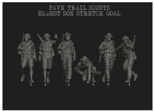 28mm resin 3D printed models of modern PAVN Trail Scouts in various poses, unpainted and unassembled miniature figures.