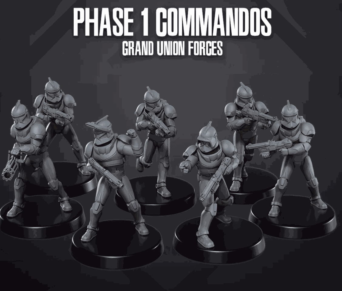 Set of seven unpainted 32mm Republic Troopers Phase 1 commandos resin miniatures on black bases