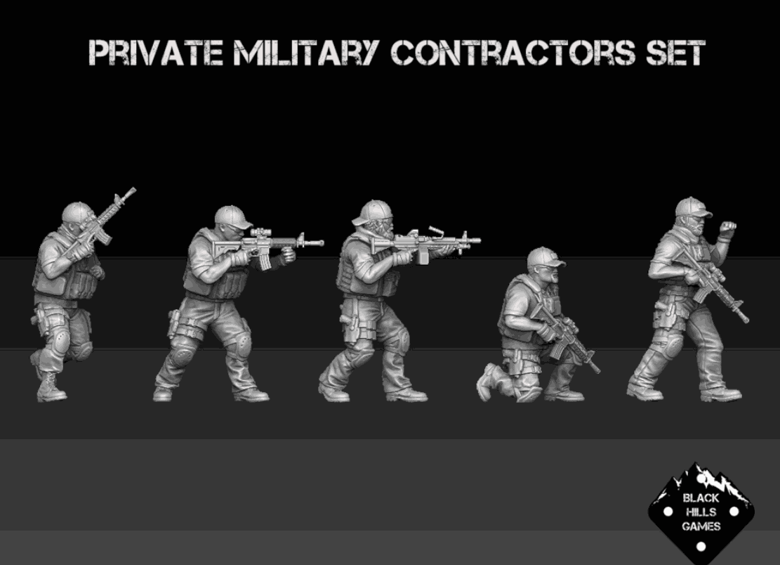 28mm modern private military contractor miniatures set with six detailed resin PMC operators in combat poses holding rifles and light machine guns unpainted