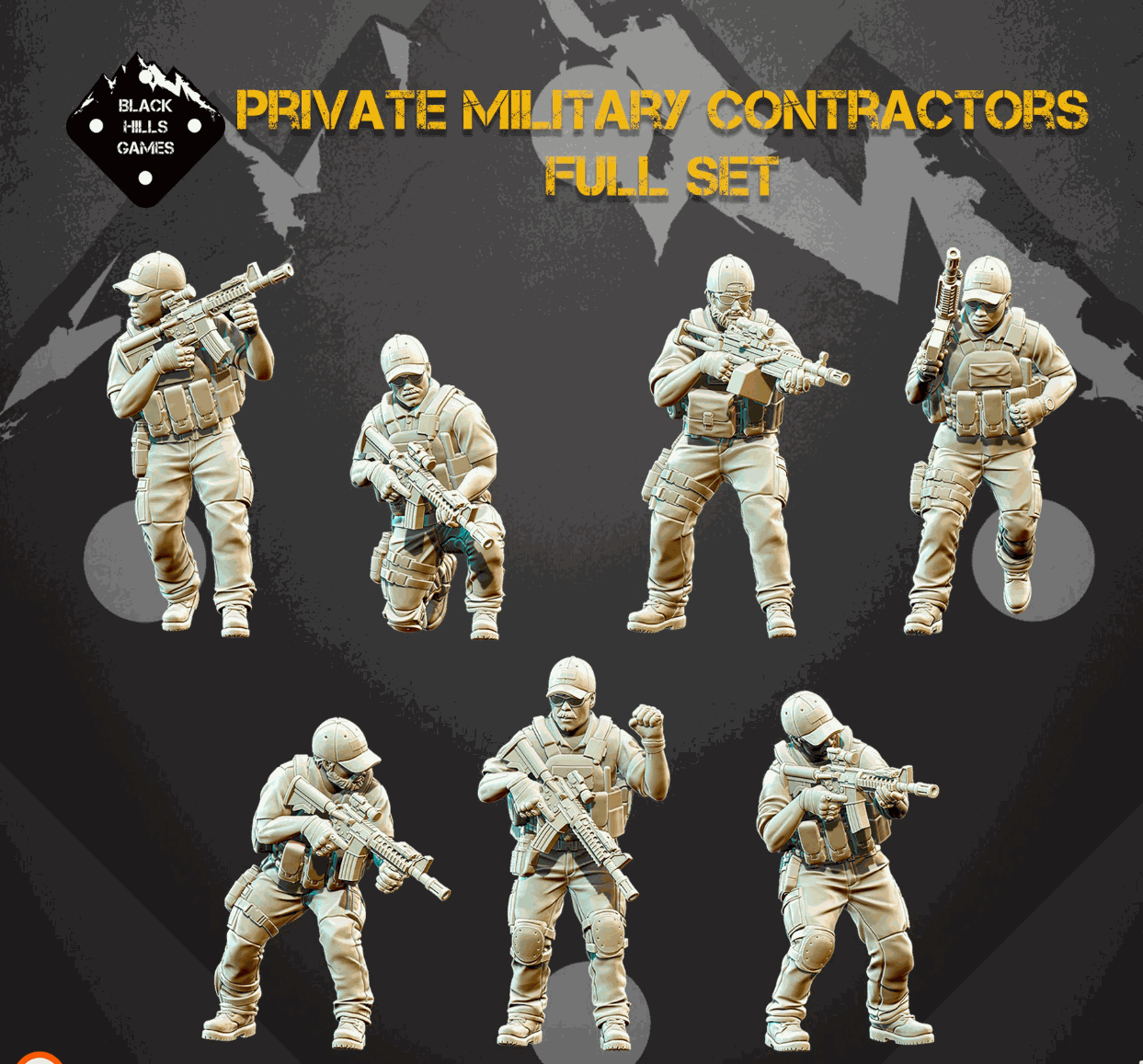 28mm Modern PMC Full Set of seven unpainted resin miniatures depicting modern Private Military Contractor operators with M4 rifles and M249 LMGs