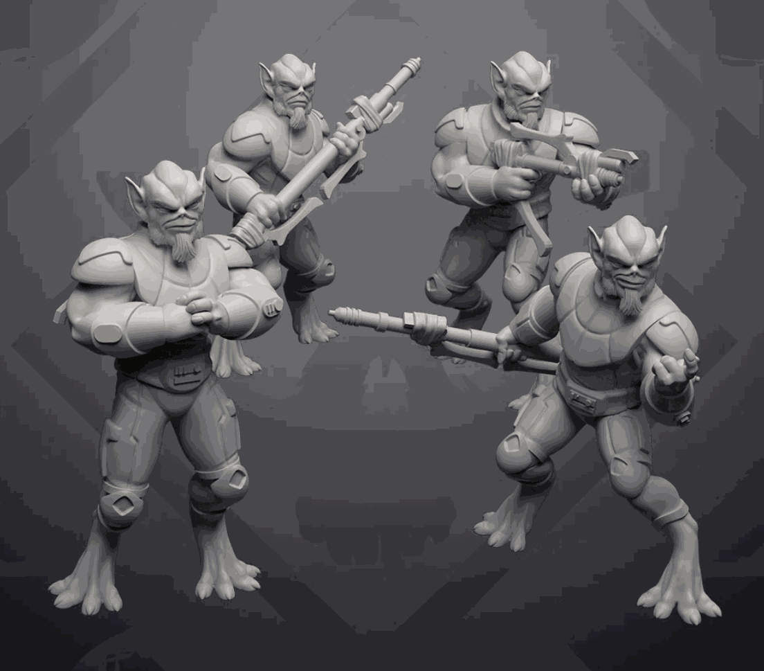Set of four 32mm printed miniatures of futuristic alien warriors with weapons, unpainted resin models.