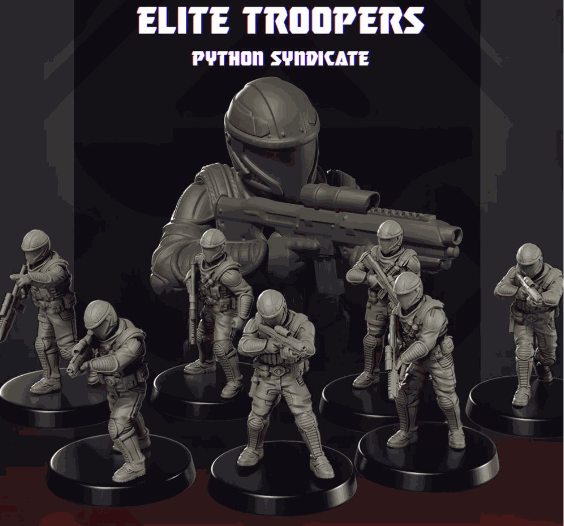Set of seven 32mm Python Elites resin miniatures with detailed sci-fi armor and weapons unpainted