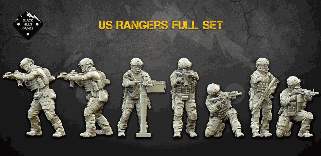 Set of seven 28mm modern US Rangers resin miniatures in tactical gear with MK18 rifles, MK48 LMG, and Browning M2 MG, unpainted and unassembled.
