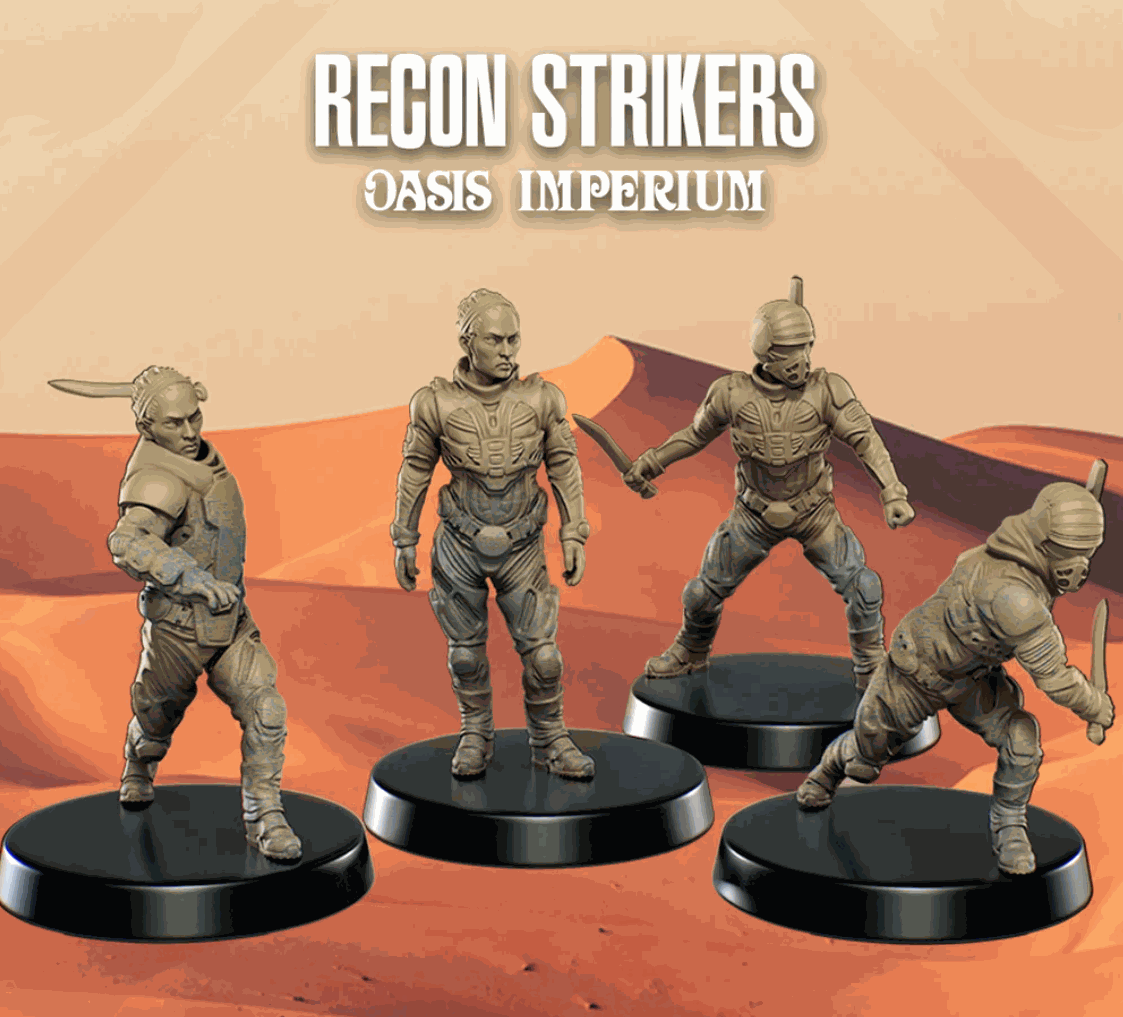 32mm Recon Strikers set of four detailed unpainted resin miniatures on black bases in desert background