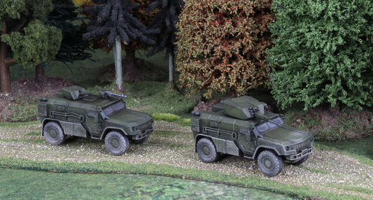 15mm scale model of modern Russian K-4386 Typhoon vehicles with two turret options in a forest diorama
