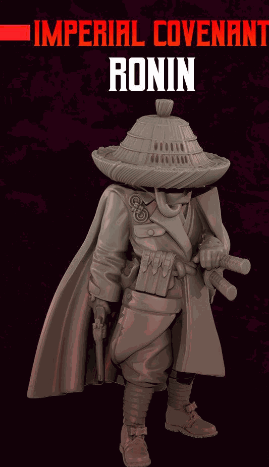 32mm Ronin resin printed miniature with detailed armor and hat, unpainted and unbased model