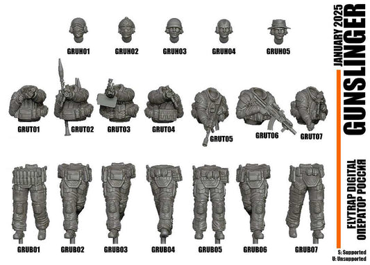 28mm Modern GUNSLINGER resin 7-piece unpainted miniature set with detailed heads, torsos, and legs for assembly