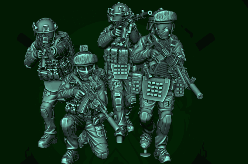 28mm modern Russian SSO resin miniature set of four armed figures in tactical gear