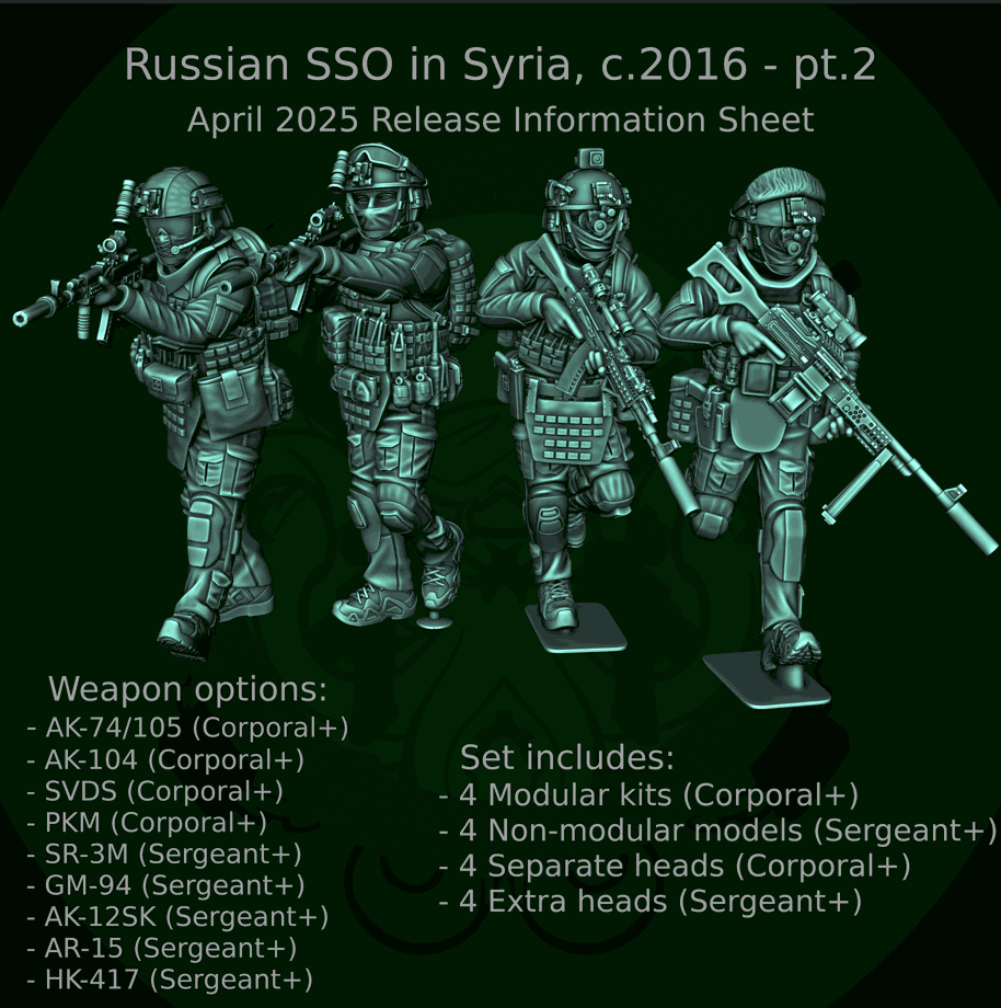 28mm Modern Russian SSO resin miniature figures set in Syria with four unpainted, detailed, heroic scale soldiers and multiple weapon options