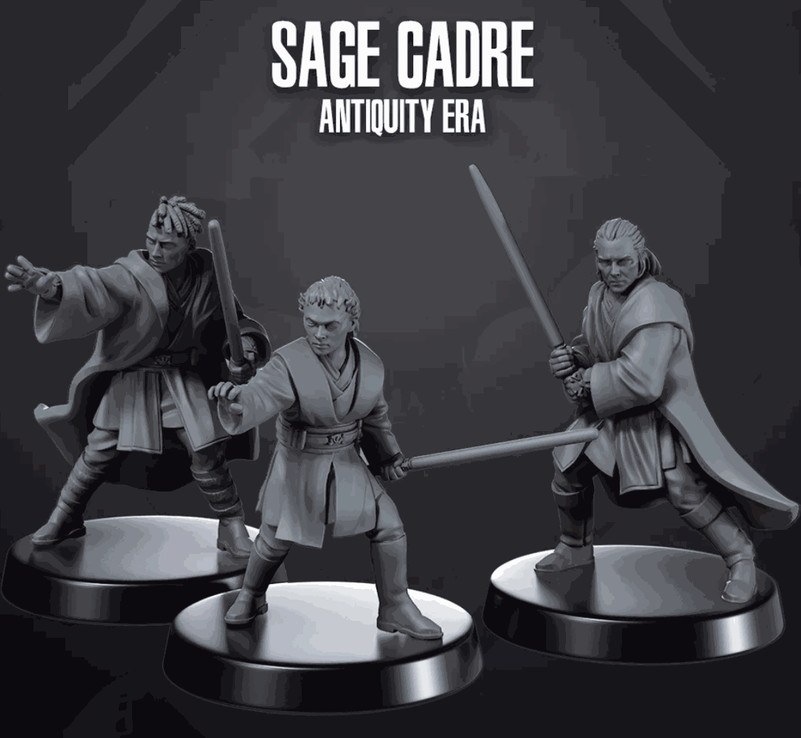 32mm Sage Cadre resin miniatures set of three unpainted antiquity era figures with swords on round bases