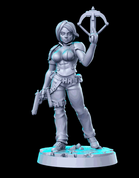 32mm resin model of a female warrior holding a crossbow and pistol, unpainted and detailed for modern pulp gaming
