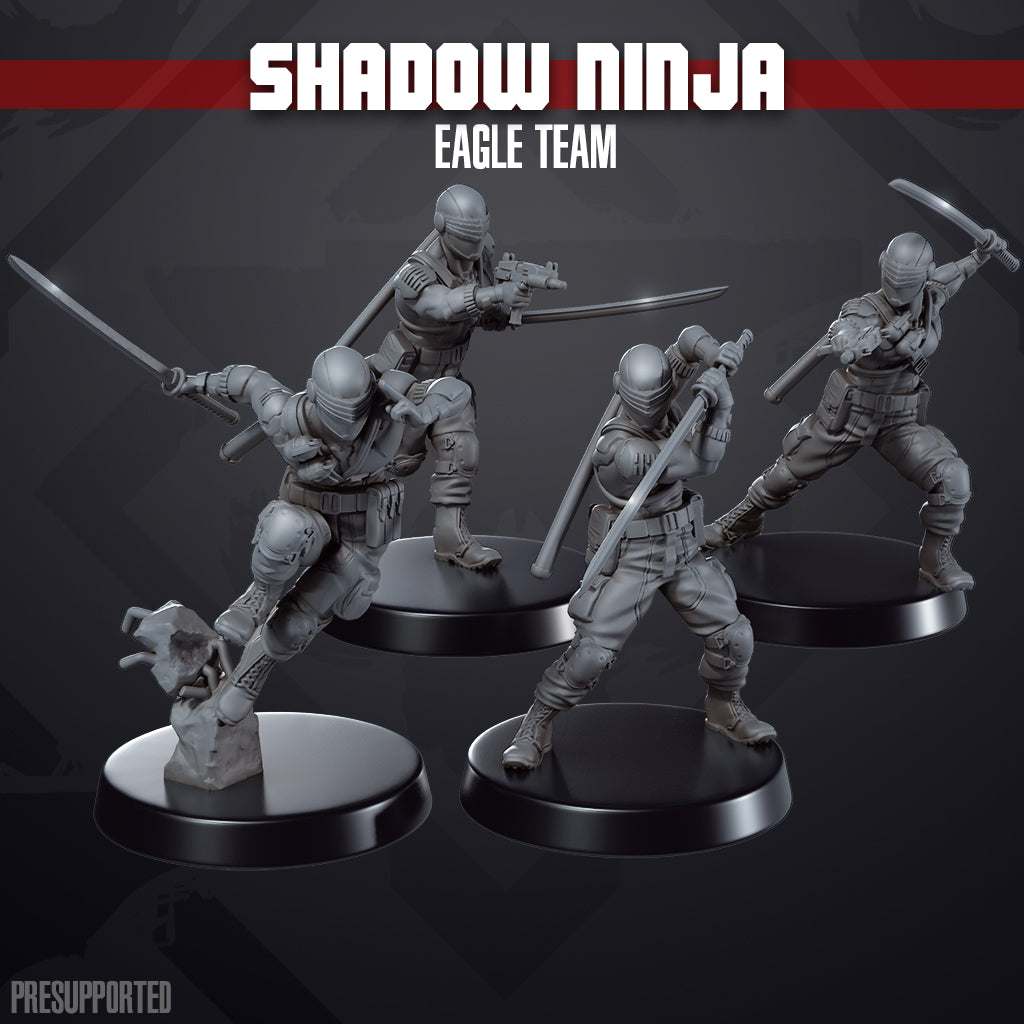 Four 32mm resin printed unpainted Shadow Ninja miniatures in dynamic action poses on round bases