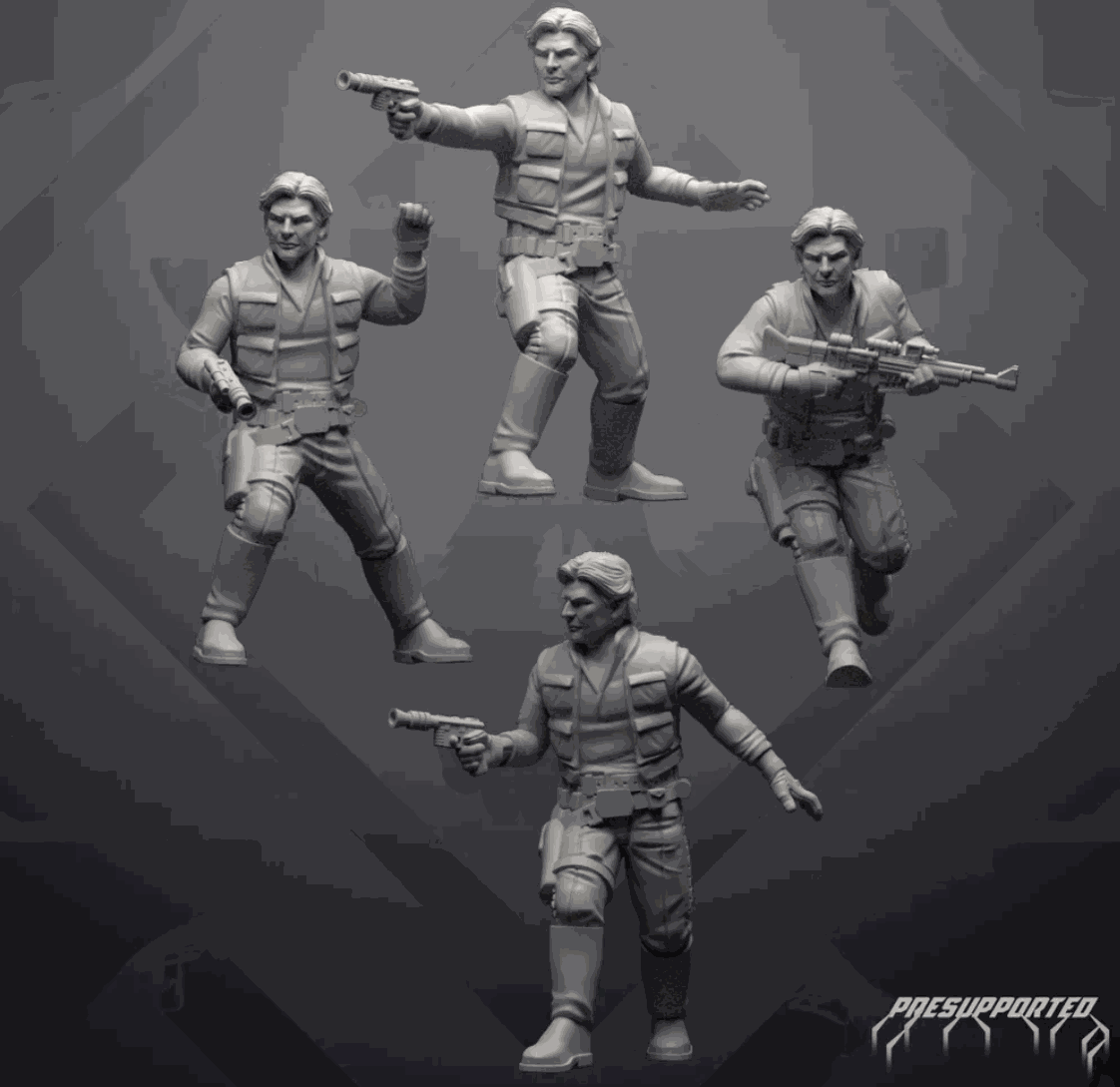 Set of four 32mm resin miniatures depicting The Smuggler Commander in various action poses with weapons, unpainted and detailed.