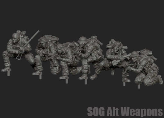 28mm resin MACV-SOG commando miniatures armed with M1 Thompson, M3 Grease Gun, Sterling SMG, and M1 Carbine model weapons