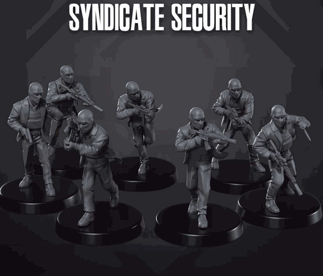 Set of seven 32mm Syndicate Security resin miniatures unpainted and assembled
