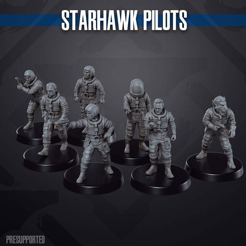 Set of seven 32mm Star Hawk Pilots resin miniatures unpainted on black bases