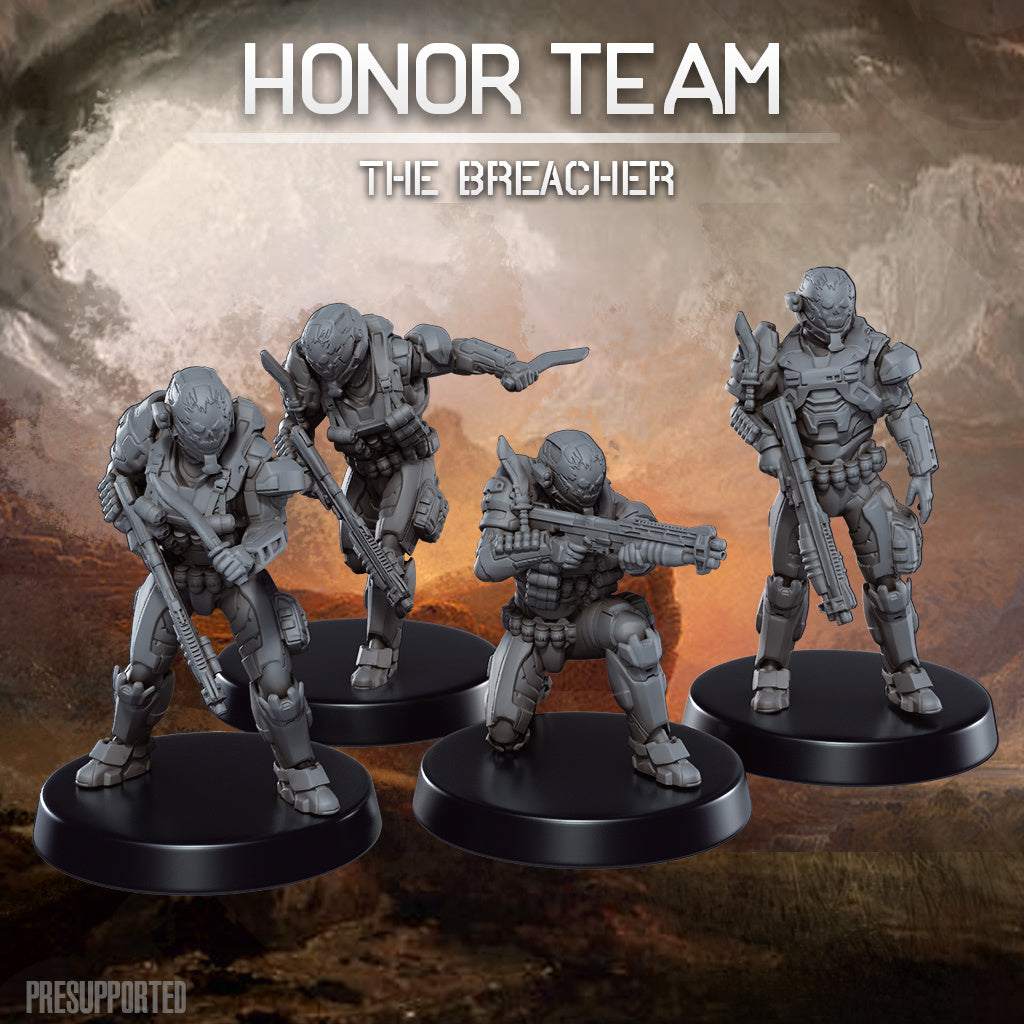 Set of four 32mm printed miniatures from The Honor Team, The Breacher, unpainted resin models on black bases