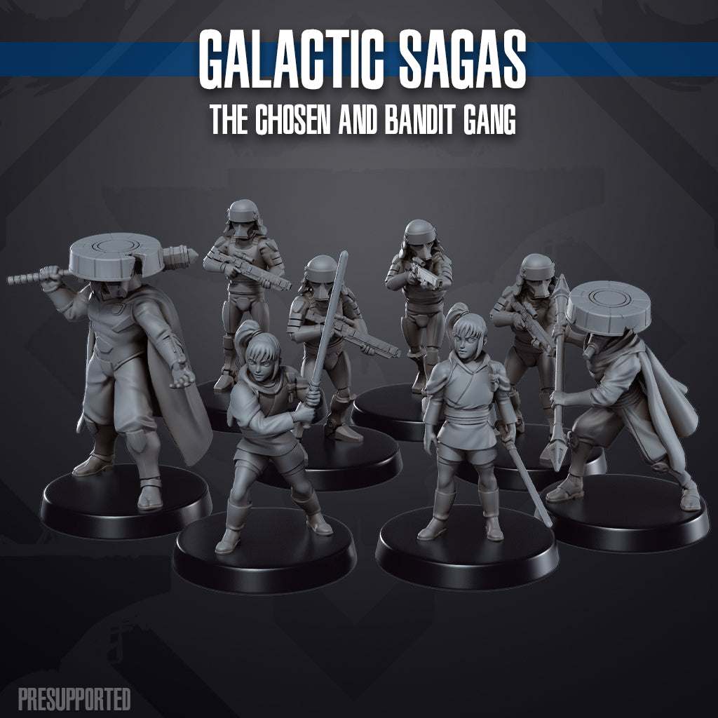 32mm The Chosen and Gang resin printed miniatures set of eight unpainted models for tabletop gaming
