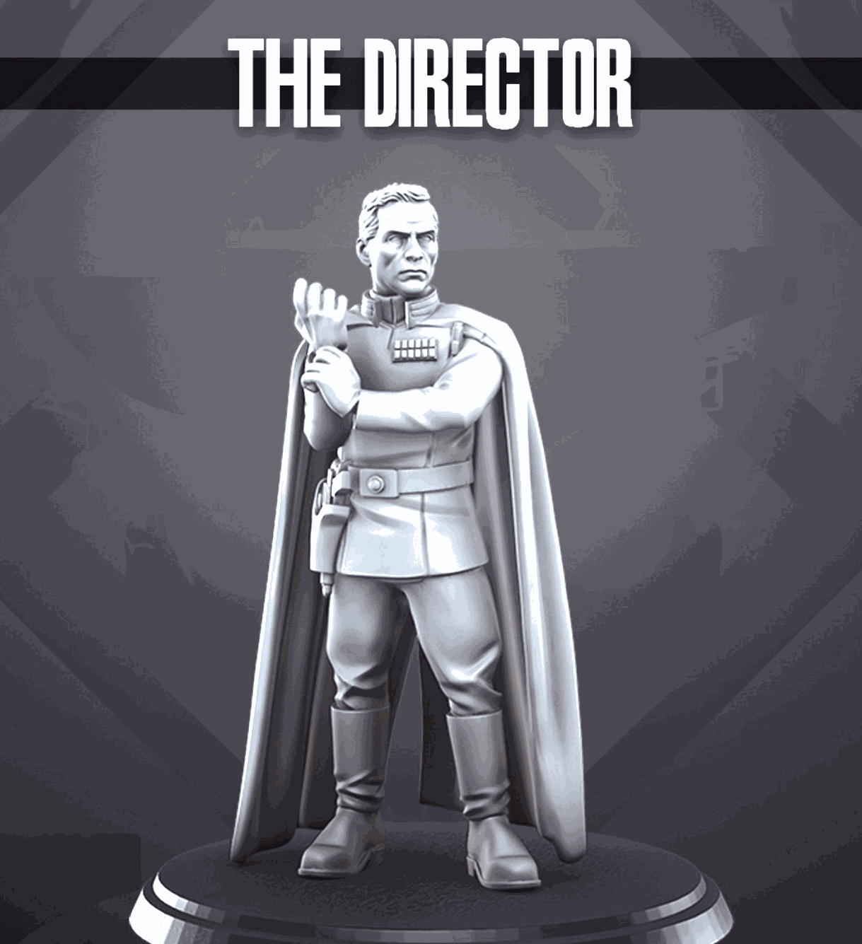 32mm resin printed miniature figure The Director standing with crossed arms and cape on round base