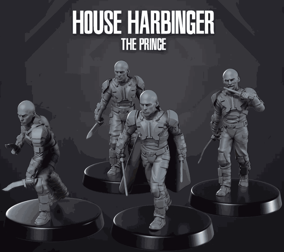 Set of four 32mm The Prince resin miniatures unpainted with detailed sci-fi armor and weapons on round bases