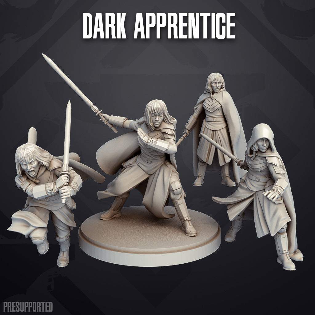 Set of four 32mm unpainted Dark Apprentice resin miniatures with swords, detailed poses, and no bases included