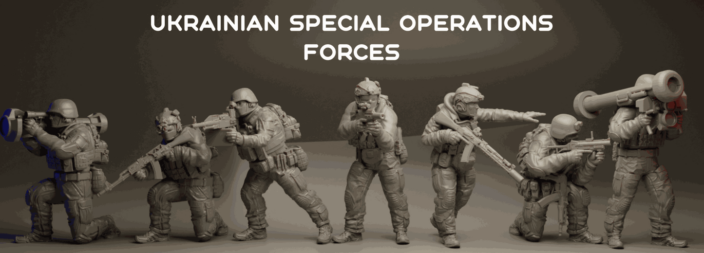 28mm Modern Ukrainian Special Forces resin miniatures set with 7 unpainted wargaming figures in various combat poses