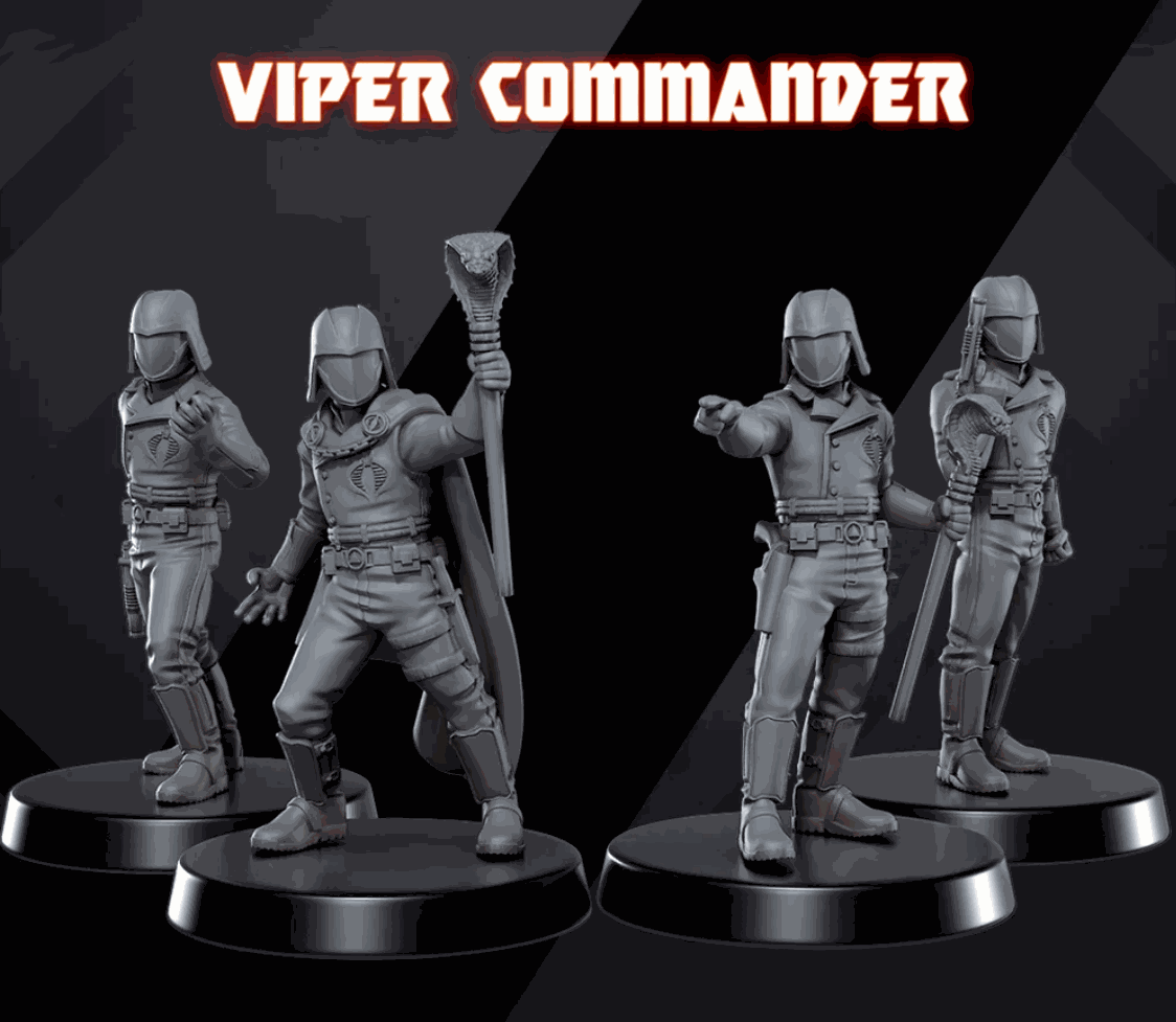 Set of four unpainted 32mm Viper Commander resin miniatures on black bases