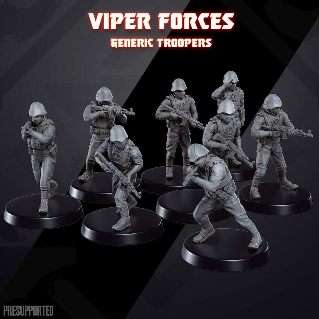 Set of eight unpainted 32mm Python Soldiers resin miniatures in various combat poses on black bases