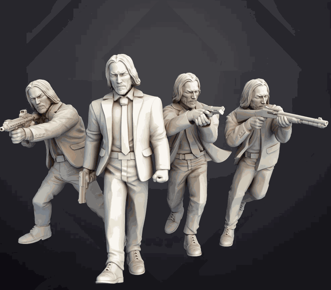 Set of four 32mm printed miniatures featuring a character in a suit with various firearms, unpainted resin models with fine detail