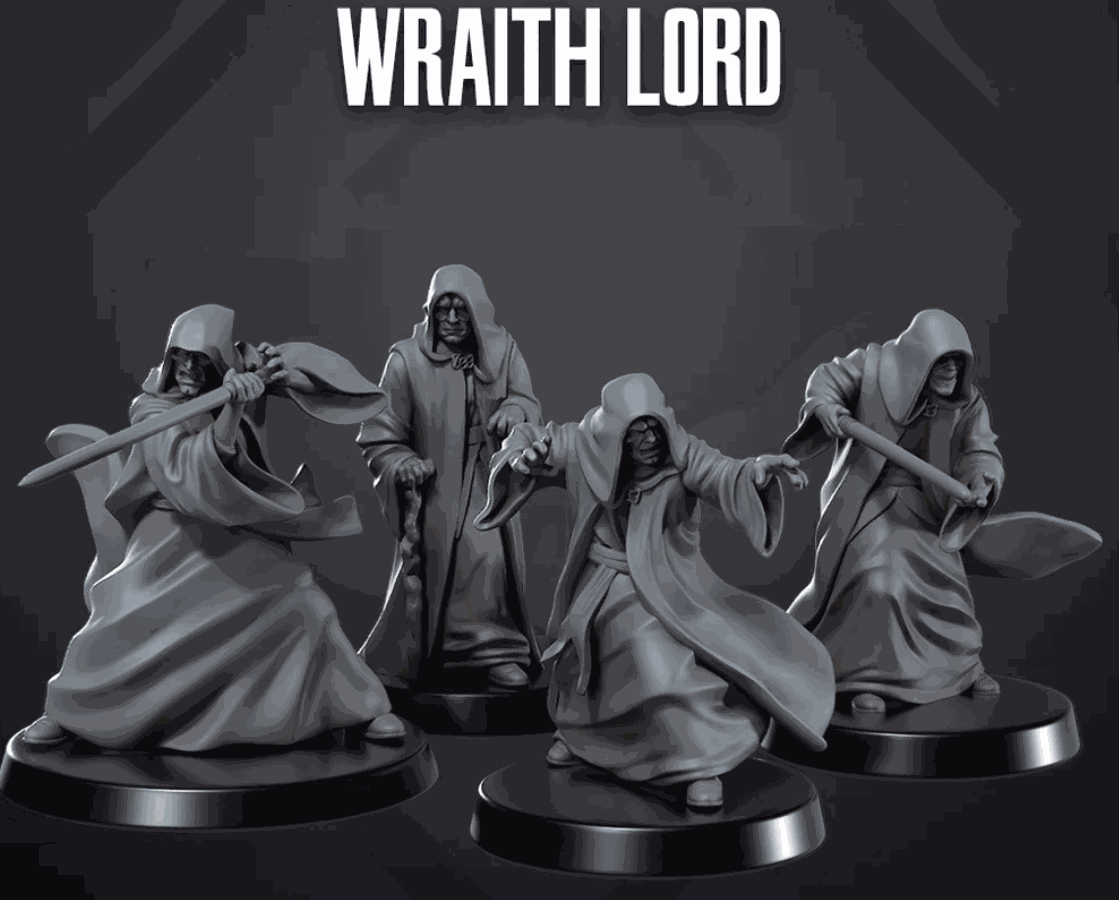 Set of four 32mm Wraith Lord resin miniatures in hooded cloaks, unpainted and assembled