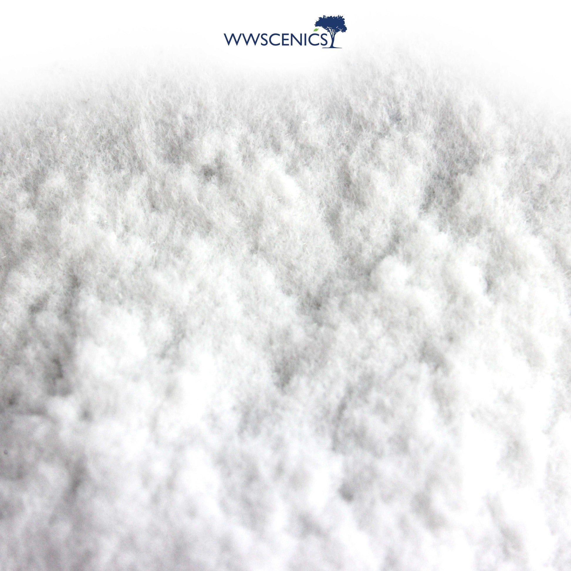 WWScenics 0.5 mm snow static grass for ultra-fine frosted ground cover in miniature winter dioramas and model railways.