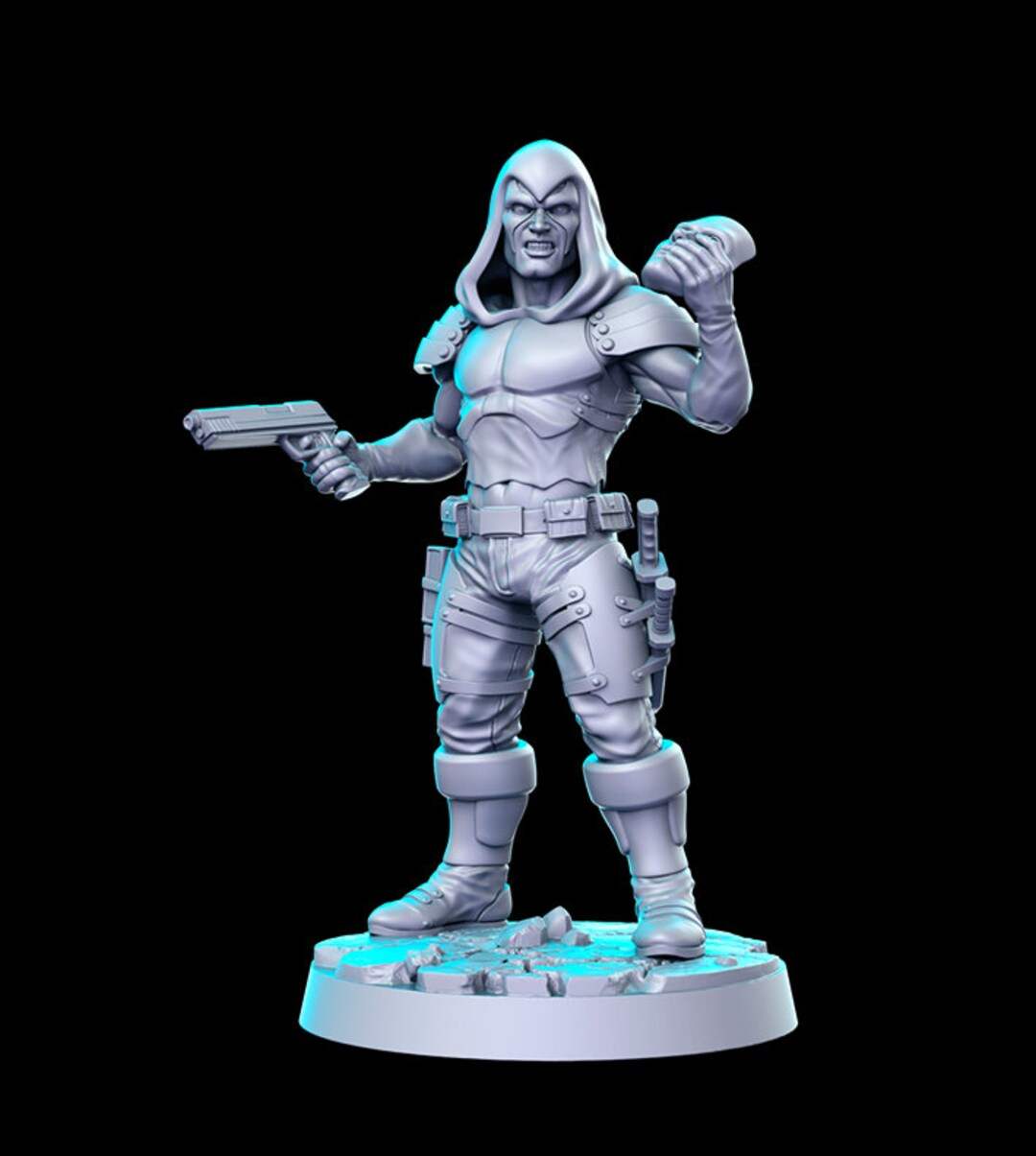 32mm resin model of a hooded armed character with detailed armor and weapons on a round base