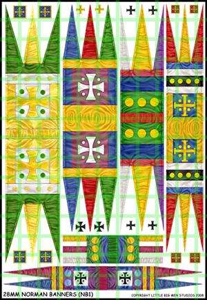 Colorful Norman banners decal sheet for 28mm miniature painting with detailed designs and instructions