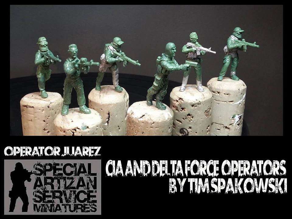 Six 28mm CIA Operators miniatures for Juarez operations displayed on cork bases
