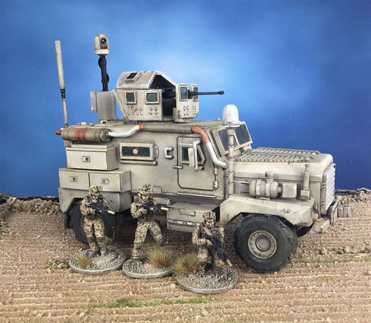 28mm Modern Cougar 4x4 MRAP scale model with resin vehicle and metal parts, displayed with unpainted soldier miniatures