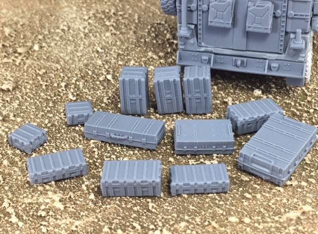 28mm scale gray plastic equipment containers for shipping weapons and electronics models