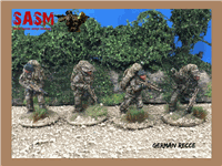 28mm German Recce Unit four-man miniature figures in camouflaged uniforms with rifles on textured terrain and foliage background