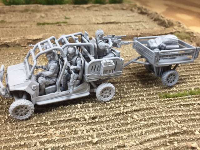 28mm M4 RZR scale model with four crew, trailer, and stowage on textured terrain