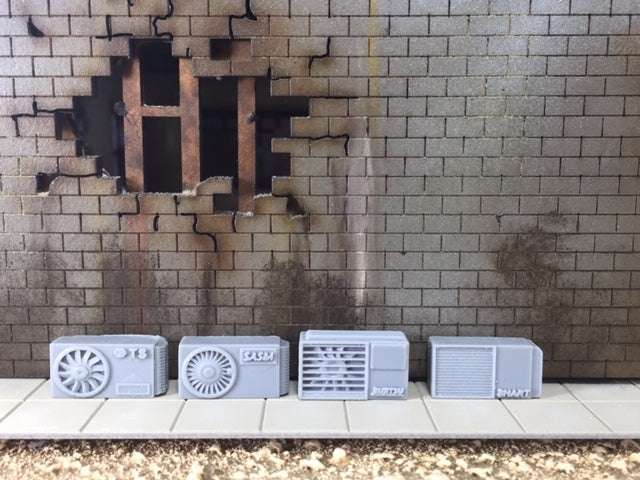 Set of four 28mm modern air conditioners in 1/50 scale for building sides or rooftops, modeled after Middle Eastern designs
