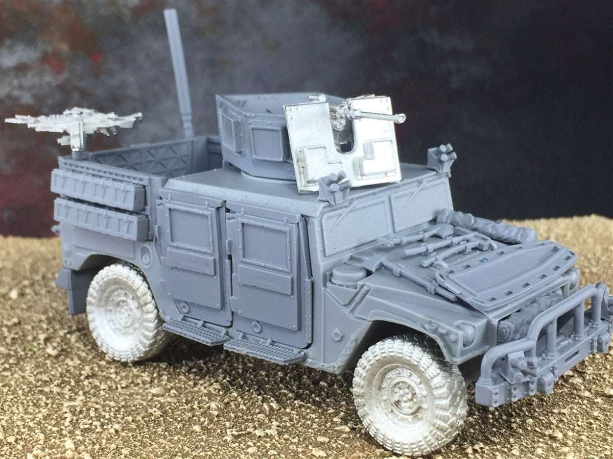 28mm Modern HMV operator upgrade kit model with armored turret, dual machine guns, and upgraded bumpers