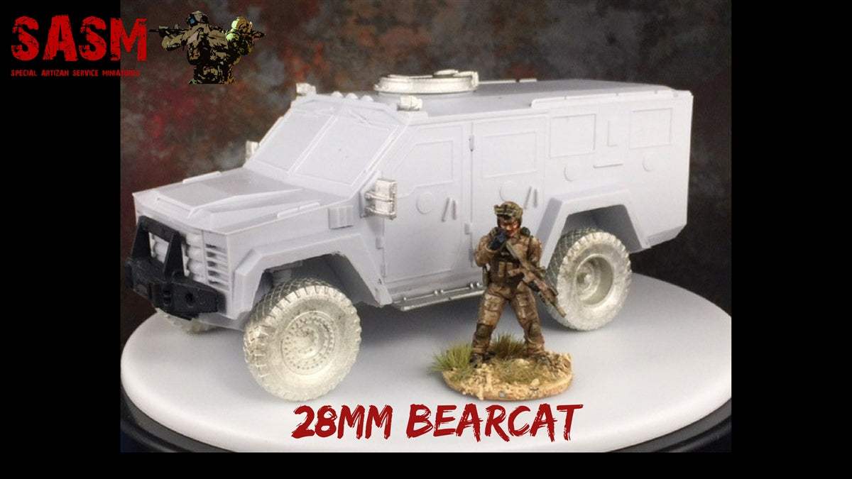 28mm scale resin and metal model of a modern BearCat armored vehicle with soldier figure for SWAT scenarios