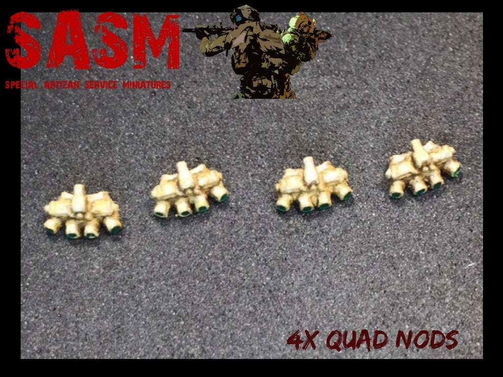 Set of four 28mm Quad Nods miniature models on textured surface