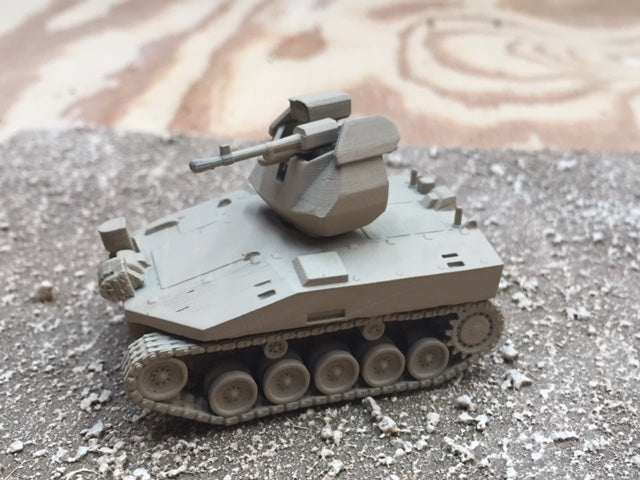 28mm scale model of Russian RAS-01G Unmanned Combat Ground Vehicle on textured surface