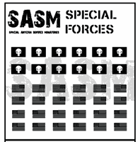 28mm US Special Forces patches decals sheet with 12 skulls and 24 subdued US flags for miniatures