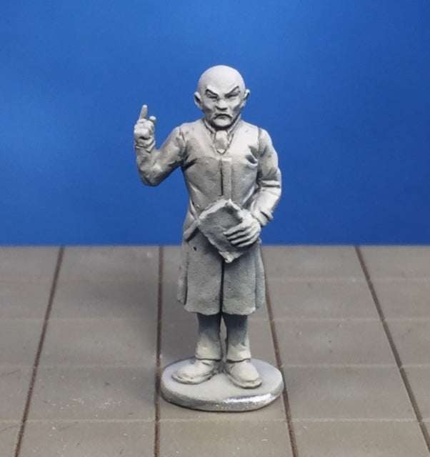 28mm unpainted metal miniature of Modern Doctor Xi holding a book with raised finger for pulp adventures